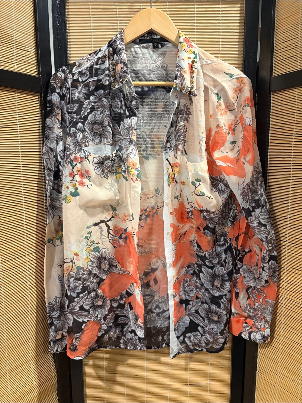 Guess Sheer Floral Button-Down Shirt in Black, White & Orange